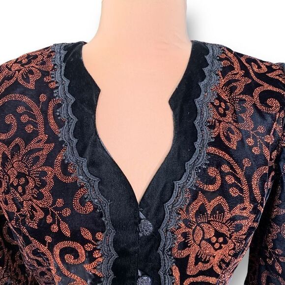 Vintage Collarless Blazer Tailored Black Velvet Structured Hourglass Metallic - Picture 3 of 14